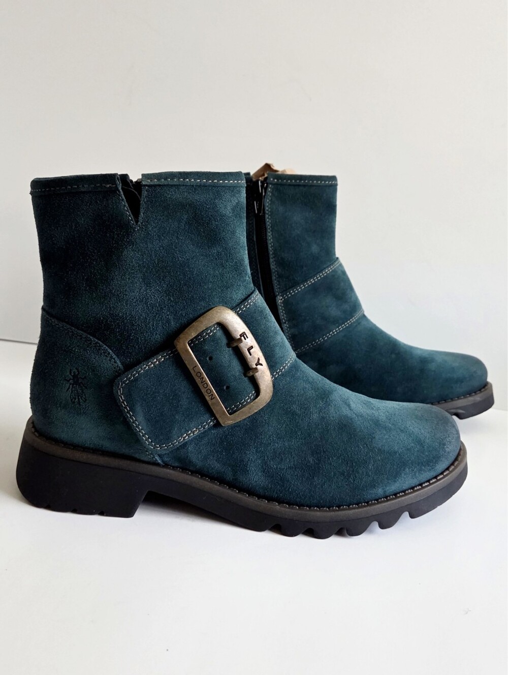 NWOT Fly London Rily Bootie "Oil Suede Petrol" / Teal, Big Buckle Sz 40, 9-9.5